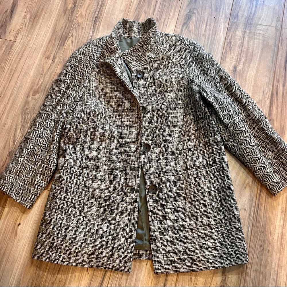 Textured Brown Tweed Coat • Button Front • Lined